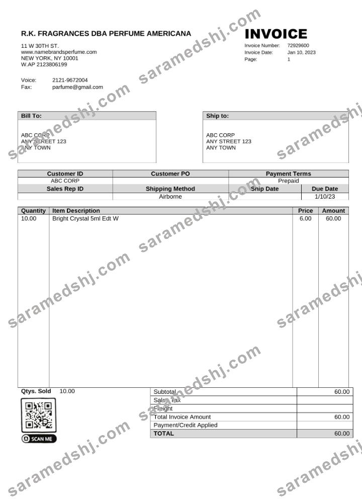 USA R.K. Fragrances DBA Perfume Americana invoice Word and PDF template